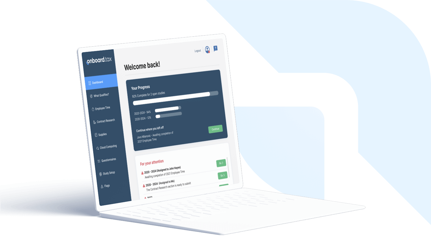 Onboard R&D tax credit software – illustration of a laptop dashboard representing RDIG’s platform that streamlines data collection and ensures audit-ready research expense studies